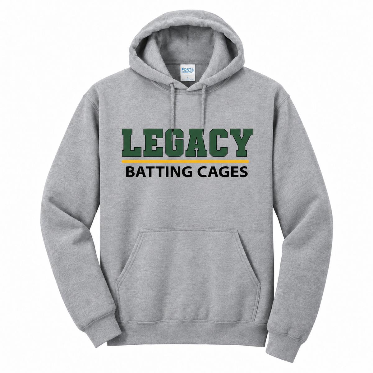 Legacy Batting Cages Classic Logo hoodie in Heather Grey, front mockup