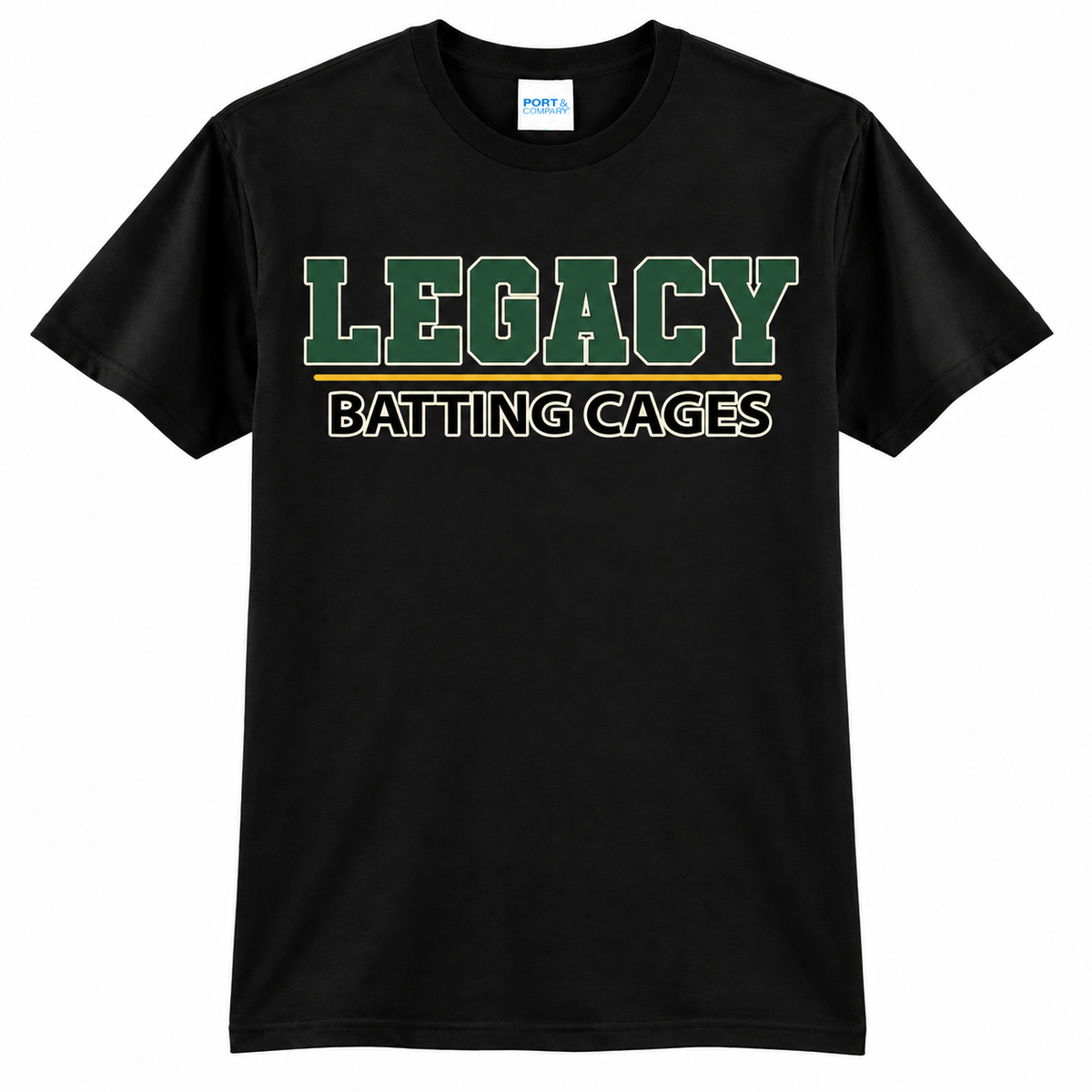 Legacy Batting Cages Classic Logo tshirt in Black, front mockup