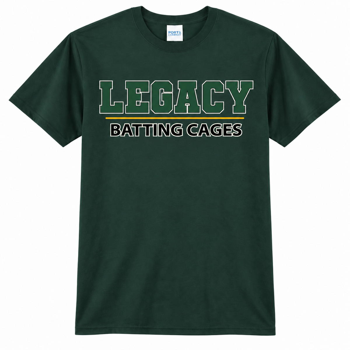 Legacy Batting Cages Classic Logo tshirt in Dark Green, front mockup