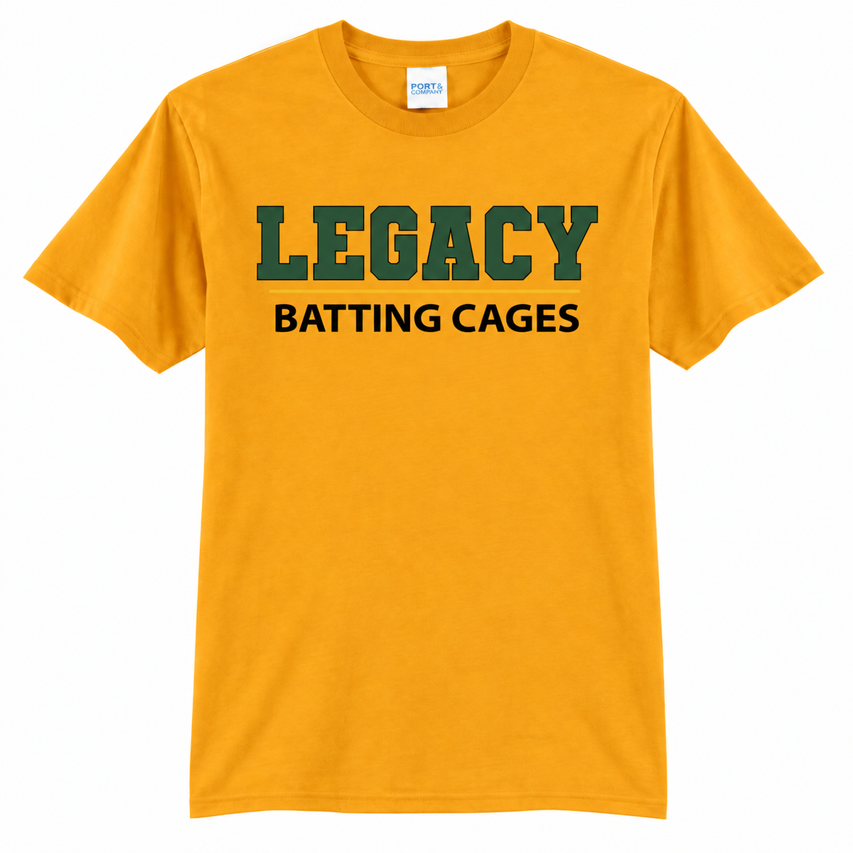 Legacy Batting Cages Classic Logo tshirt in Gold, front mockup