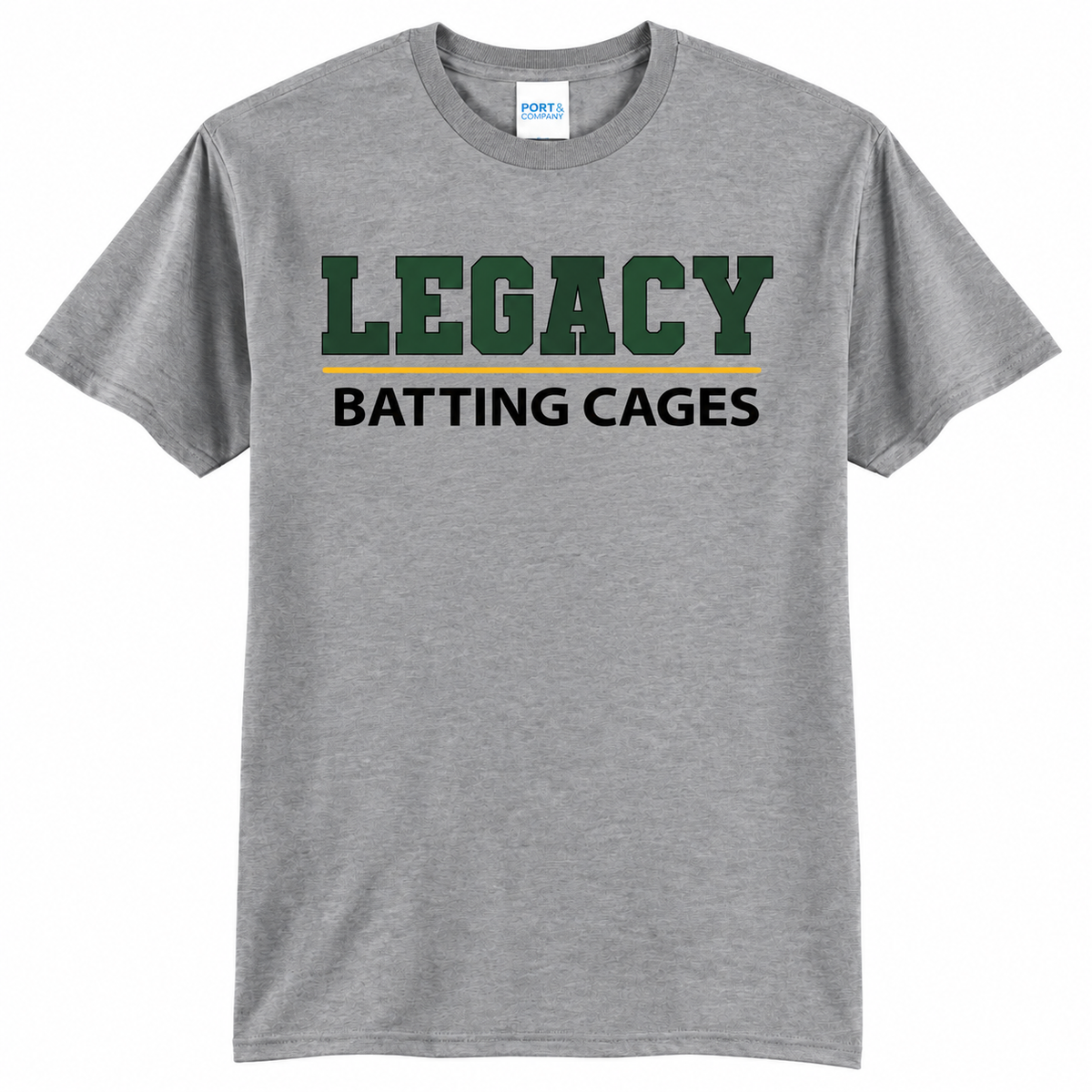 Legacy Batting Cages Classic Logo tshirt in Heather Grey, front mockup