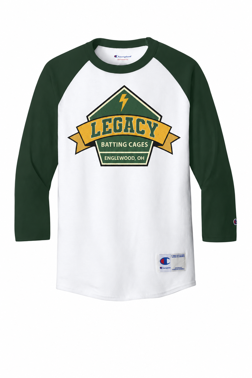 Legacy Batting Cages Diamond Logo 3/4 sleeve baseball shirt, White / Dark Green